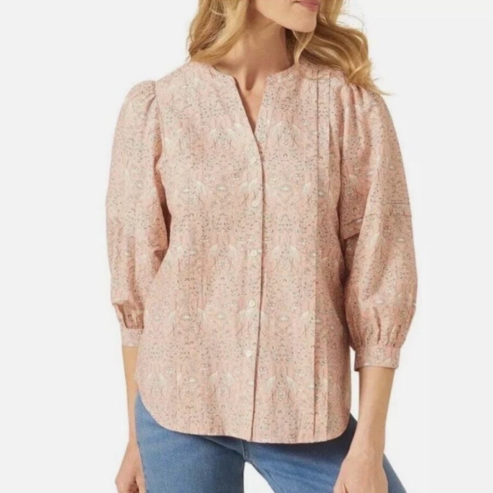 J. McLaughlin Silk Blend Heron Bird Print Blouse Pink Pleated Button Front sz S